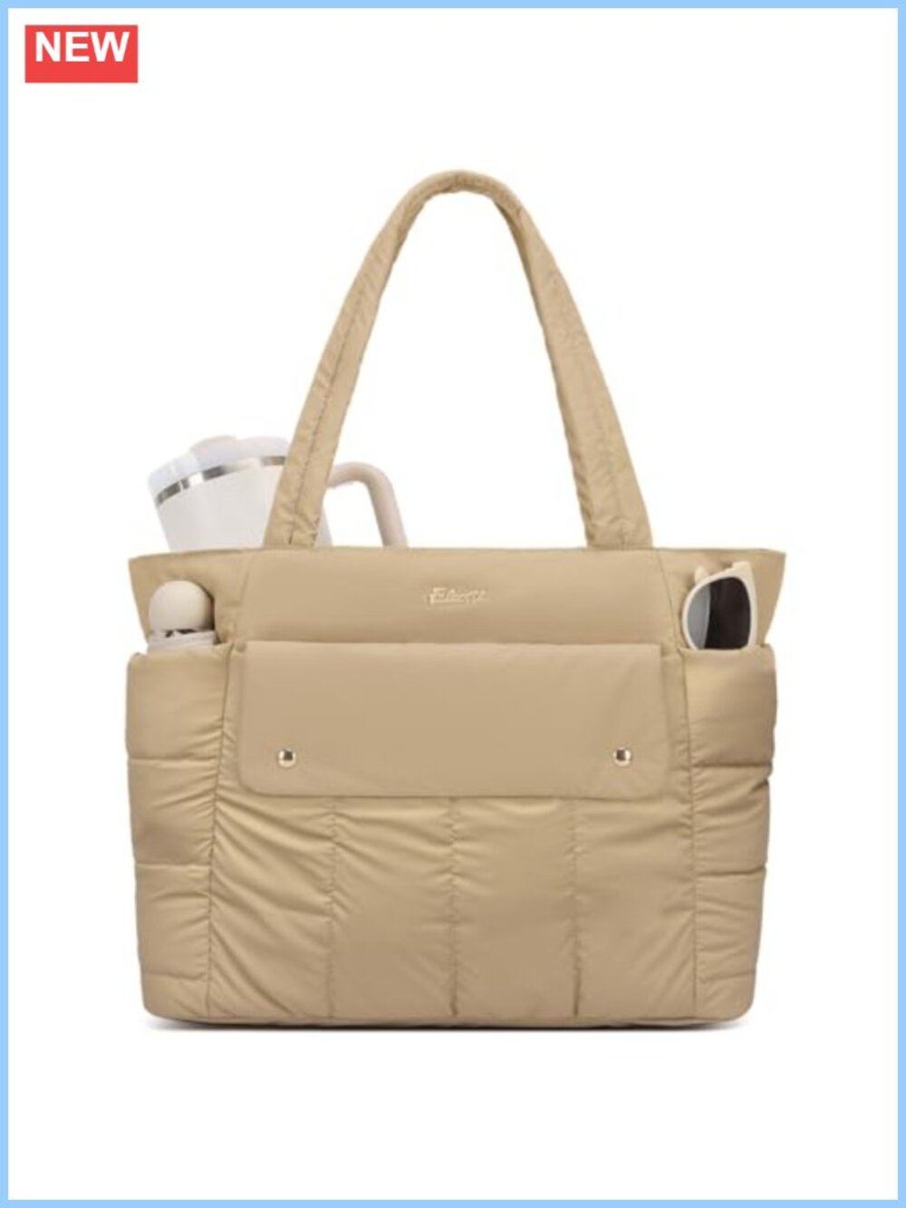 Quilted Puffer Tote Bag with Laptop Compartment & Luggage Strap